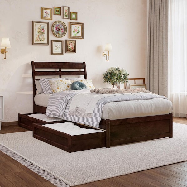 AFI Emelie Walnut Brown Solid Wood Frame Twin XL Platform Bed with Panel Footboard and Storage Drawers