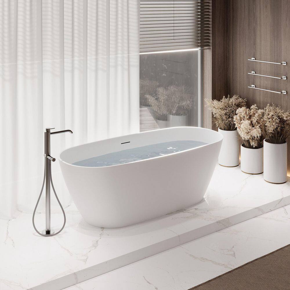 67" Matte White Stone Resin Freestanding Soaking Tub with Chrome Drain