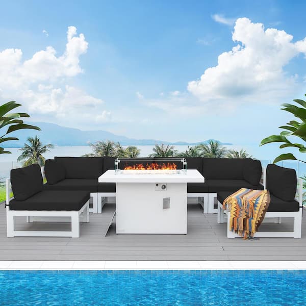 FINCATI White 7-Piece Modern Aluminum Patio 55,000 BTU Fire Pit Seating Set, Black Olefin Cushions