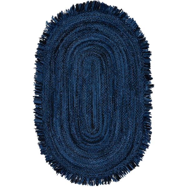 SAFAVIEH Braided Navy Black 3 ft. x 5 ft. Abstract Striped Oval Area Rug