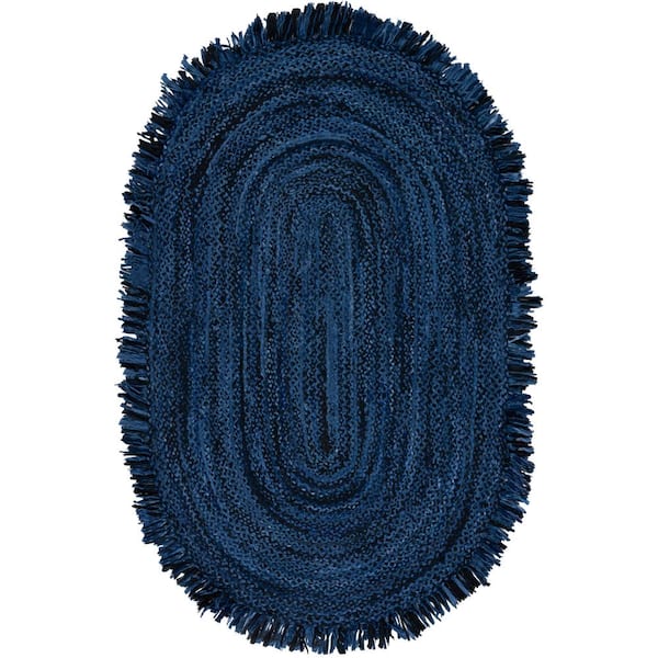 Braided Navy Black 4 ft. x 6 ft. Abstract Striped Oval Area Rug