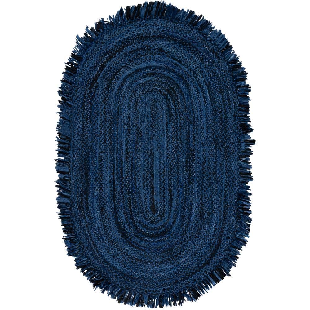 Navy and Black Oval Braided Cotton 6' x 9' Rug