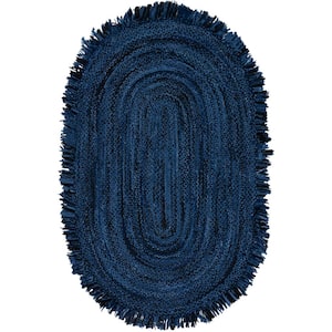 Braided Navy Black 6 ft. x 9 ft. Abstract Striped Oval Area Rug