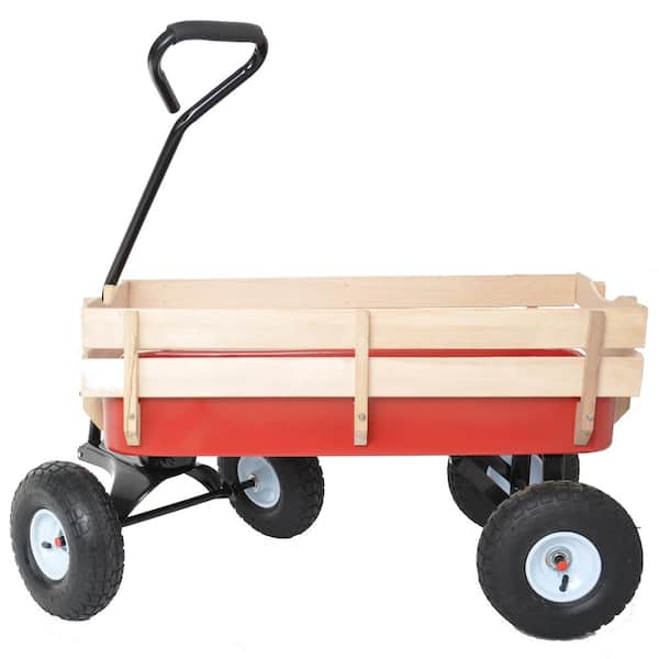 Otryad Outdoor Wagon All Terrain Pulling Wood Railing Air Tires Children Kid Garden, Serving Cart