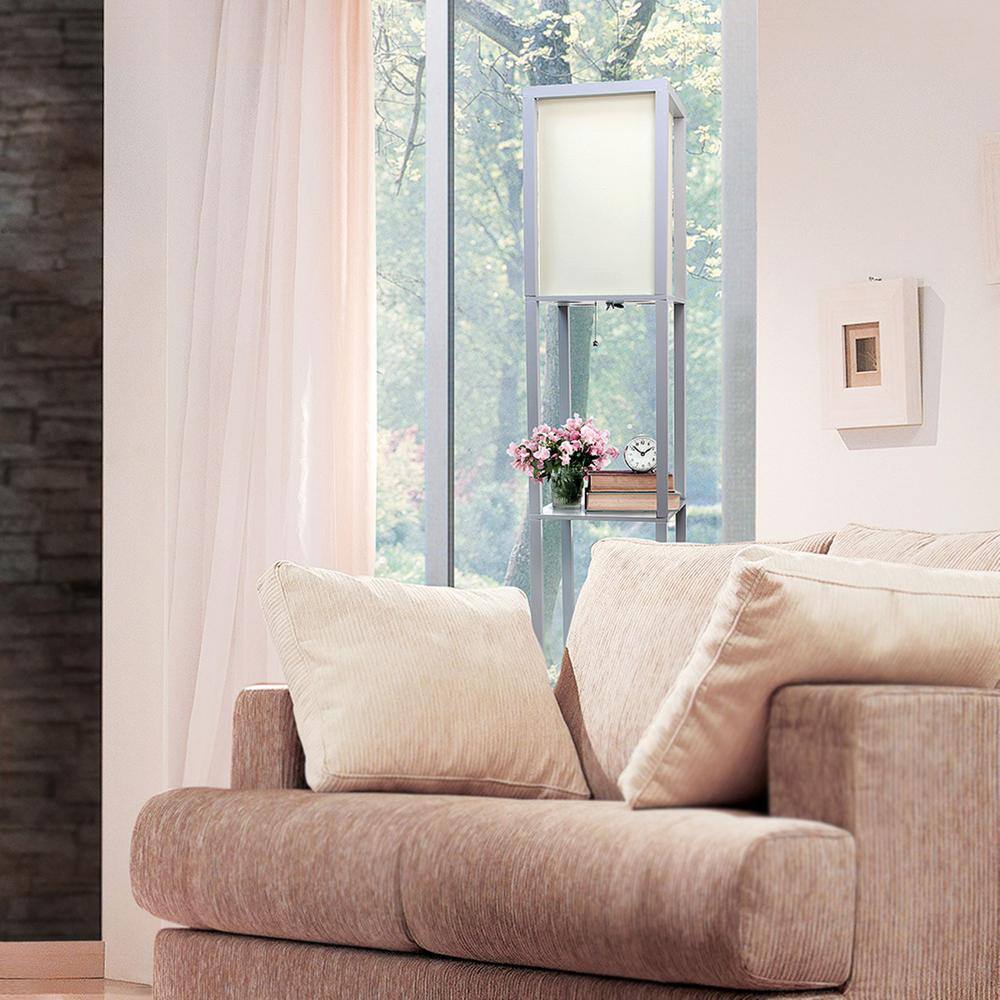 Gray Wood Floor Lamp with Linen Shade and Shelves