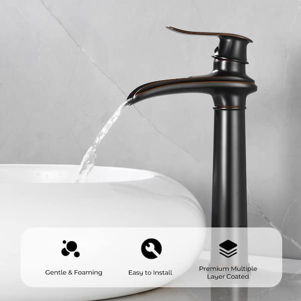 Single Handle Single Hole Vessel Sink Faucet, Waterfall Bathroom Sink Faucet with Pop-Up Drain in Oil Rubbed Bronze