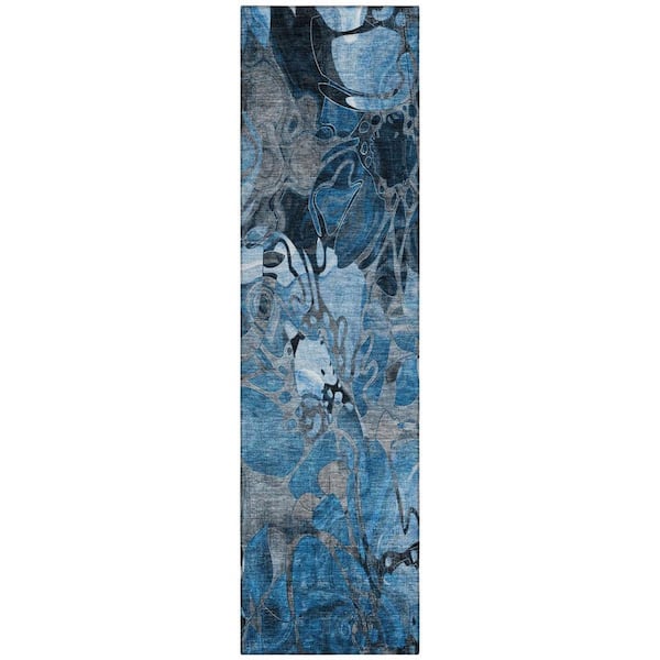 Blue, Gray 2 ft. x 8 ft. Woven Abstract Polyester Runner Indoor / Outdoor Area Rug