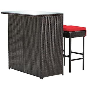 3-Piece Brown Wicker Outdoor Bar Set with Red Cushions