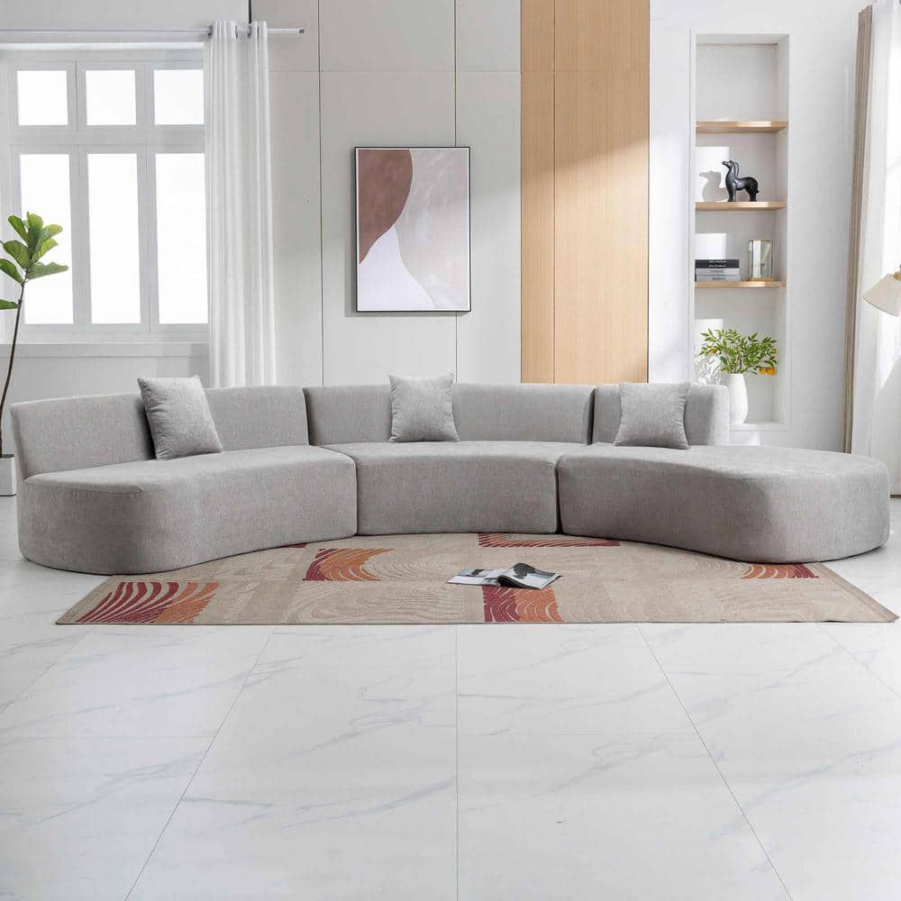 136.6 in. Square Arm Chenille Rectangle Sofa with Three Throw Pillows in. Grey