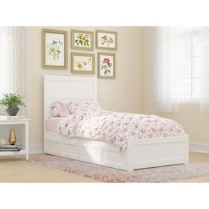 NoHo White Twin Extra Long Solid Wood Storage Platform Bed with Footboard and 2 Drawers