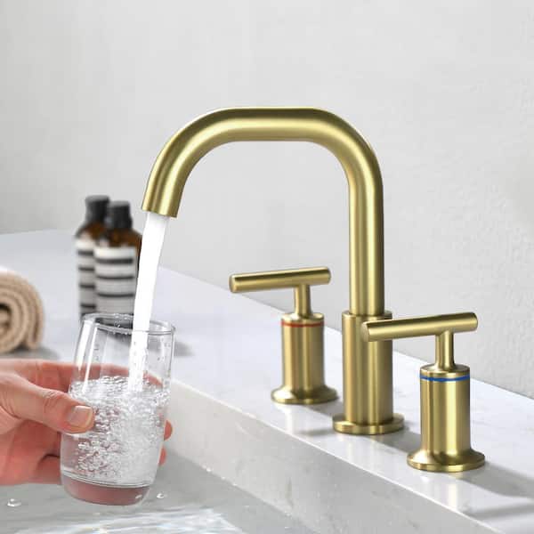 8 in. Widespread Double Handle 3 Hole Round Brass Bathroom Sink Faucet in Brushed Gold