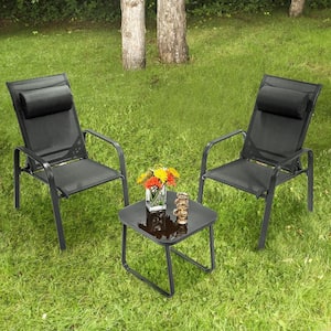 Black 3-Pieces Metal Square 16.5 in. Outdoor Bistro Set Adjustable Back Stackable Chairs