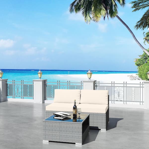 JOYSIDE 3-Piece Wicker Outdoor Patio Furniture Sectional Conversation Set with Beige Cushion and Side Table