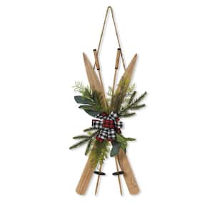 26 in. H Wood Ski Wall Hanging w/Floral & Fabric Bow Accent