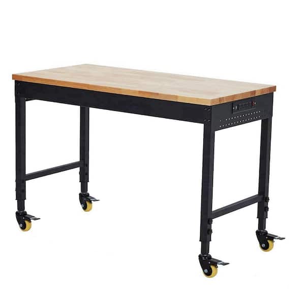 Heavy Duty 48 in. W x 24 in. D Black Steel Mobile Workbench with Rubberwood Top, AC Outlets and USB Ports