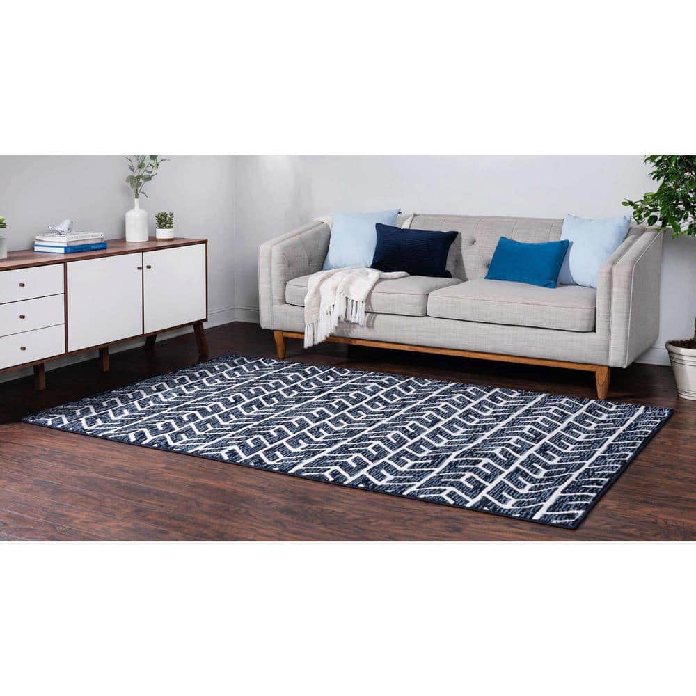 Navy Blue Rectangular Synthetic Easy-Care Outdoor Rug