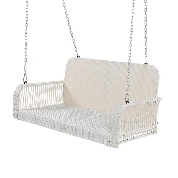 White PE Wicker Porch Swing, 2-Seater Hanging Bench With Chains, Patio ...
