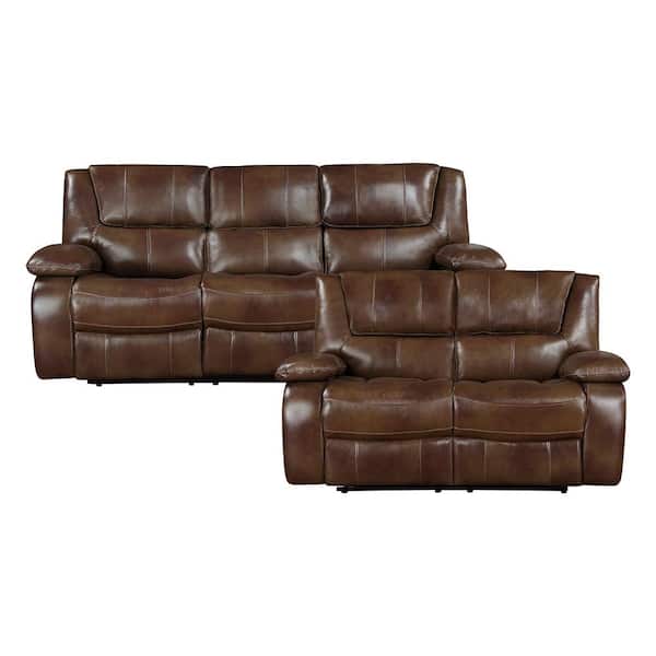 Dimitri 86.5 in. W. Pillow Top Arm Leather Rectangle 2-Piece Manual Reclining Sofa Set in. Brown