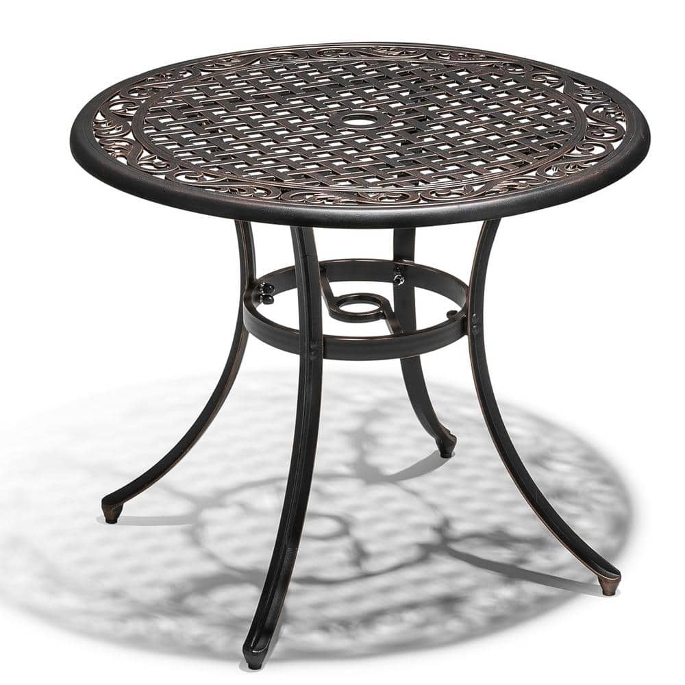 Antique Bronze Round Cast Aluminum Outdoor Dining Table with Umbrella Hole