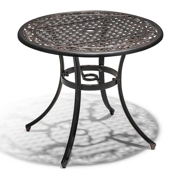 Antique Bronze 31.5 in. Round Cast Aluminum Outdoor Dining Table with Umbrella Hole