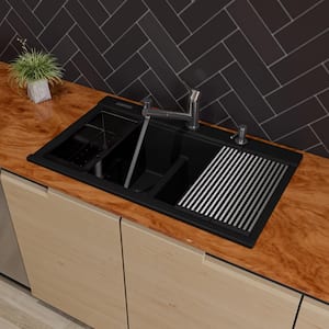 Drop-in Granite Composite 34 in. 50/50 Double Bowl Kitchen Sink in Black