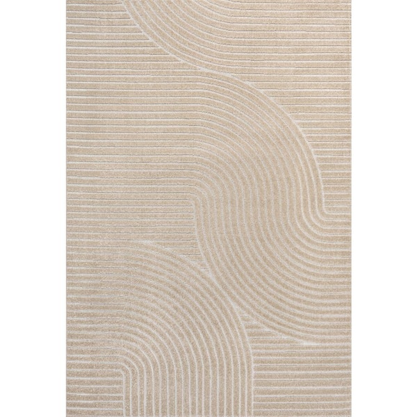 Hallie High-Low Minimalist Curve Geometric Beige/Cream 5 ft. x 8 ft. Indoor/Outdoor Area Rug