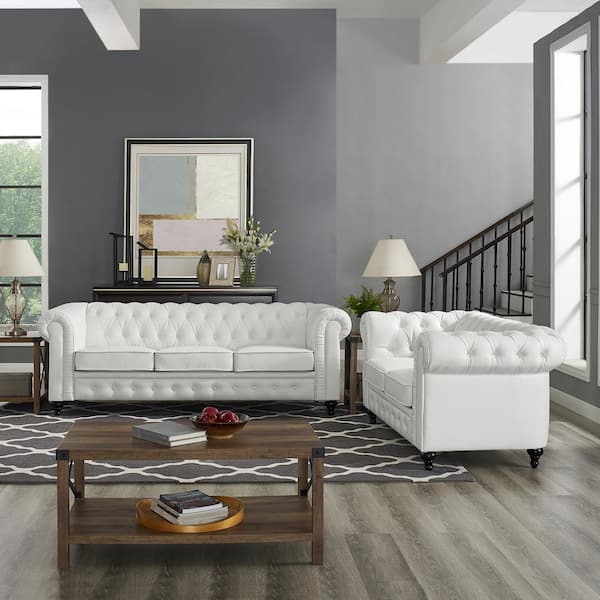 88.58 in. 2-Piece Wide Chesterfield Sofa and Loveseat Living Room Set with Rolled Arms in White Faux Leather