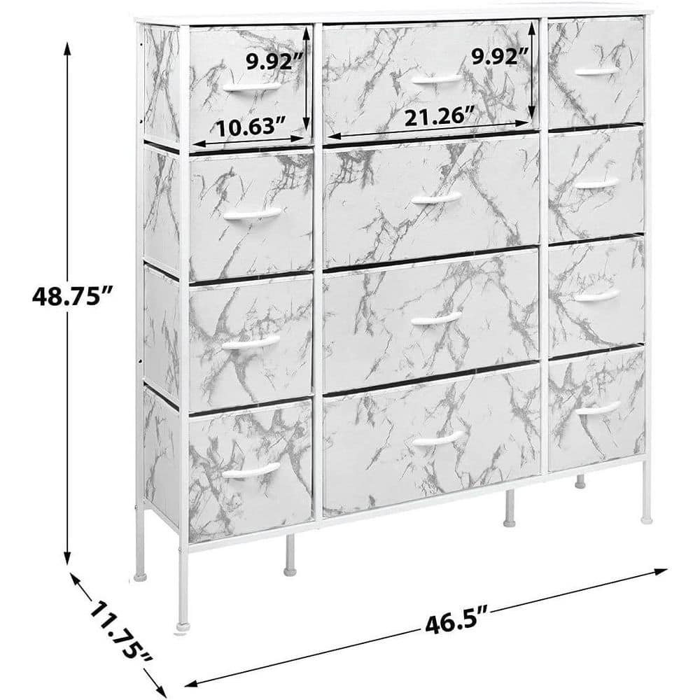 Sorbus White 12-Drawer Vertical Dresser with Marble Print Fabric Bins