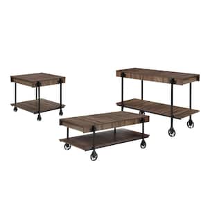 Bargib 3-Piece 47.25 in. Black and Dark Walnut Rectangle Wood Coffee Table Set with Wheels