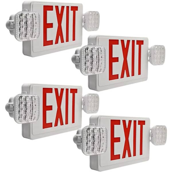 20-Watt Equivalent 120-277 Volt Integrated LED Red Exit Light, Commercial Emergency Lights Combo for Business (4-Pack)