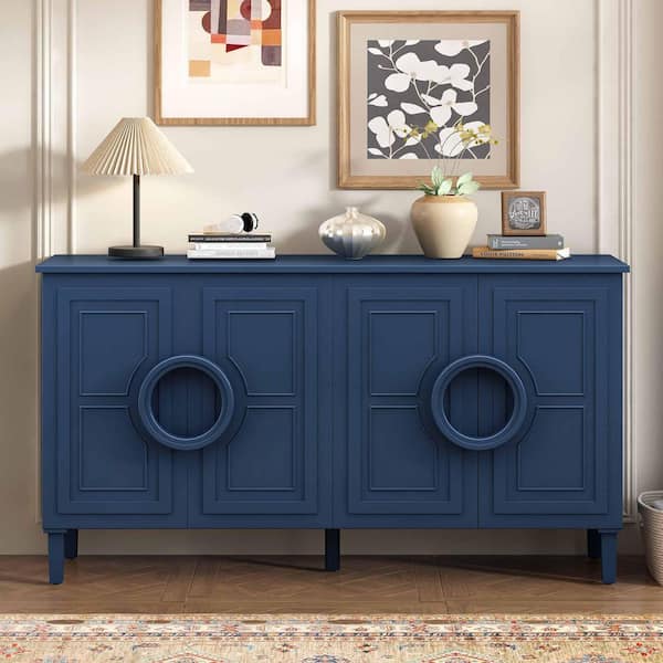 Navy Blue Wood 58.9 in. Sideboards with French-Inspired and 4-Doors Ideal for Dining Table Area