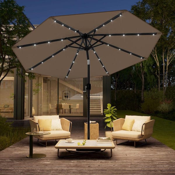 10 ft. Steel Solar-Powered Round Outdoor Market Patio Umbrella with Crank in Taupe