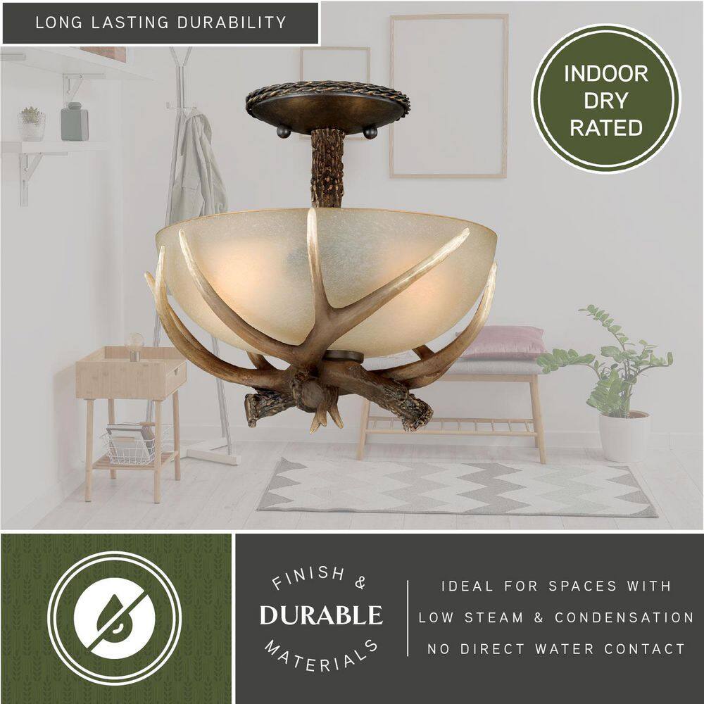 Rustic Antler 12" Black Walnut Semi-Flush Ceiling Light with Creme Glass