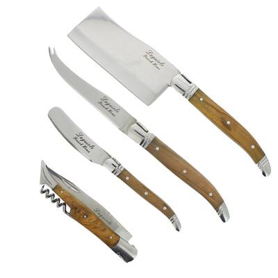 Laguiole 4-Piece Connoisseur Stainless Steel Olive Wood Cheese Knife Set with Wine Opener