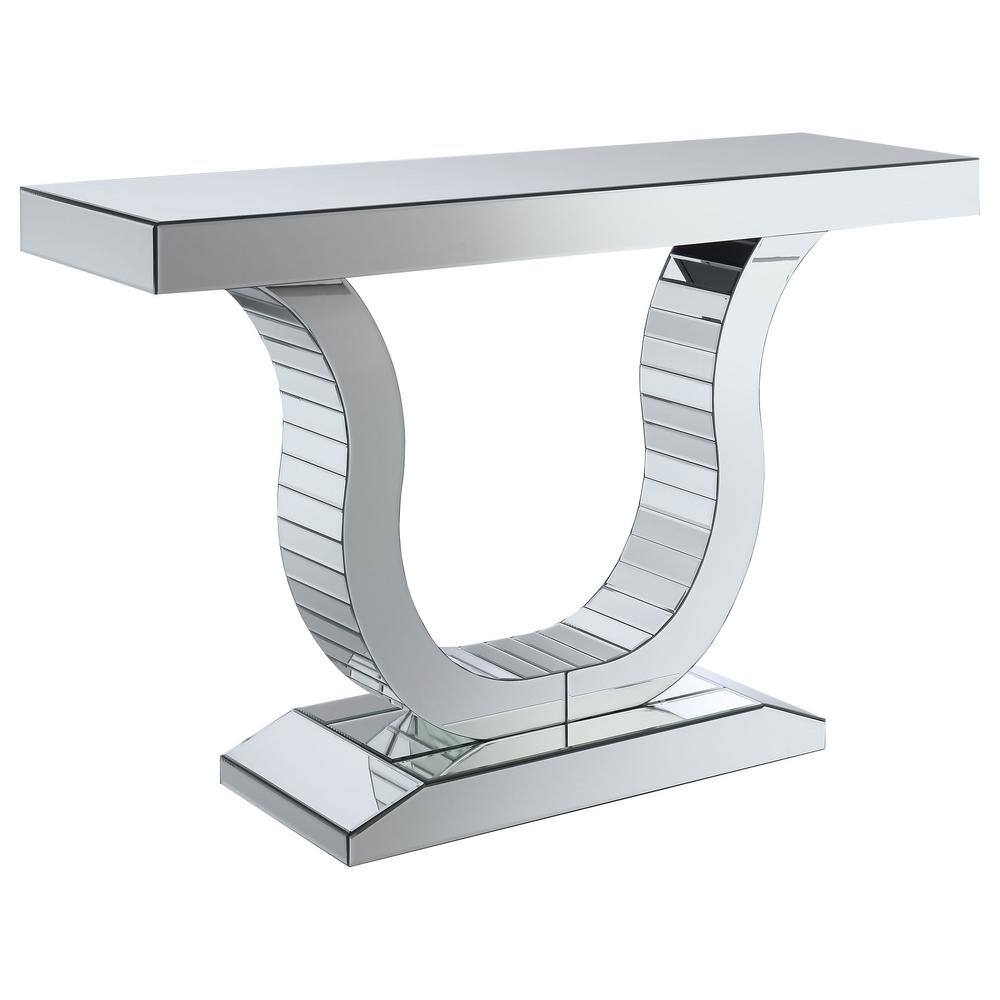 Sleek Silver U-Shaped Metal and Glass Console Table with Mirror Finish