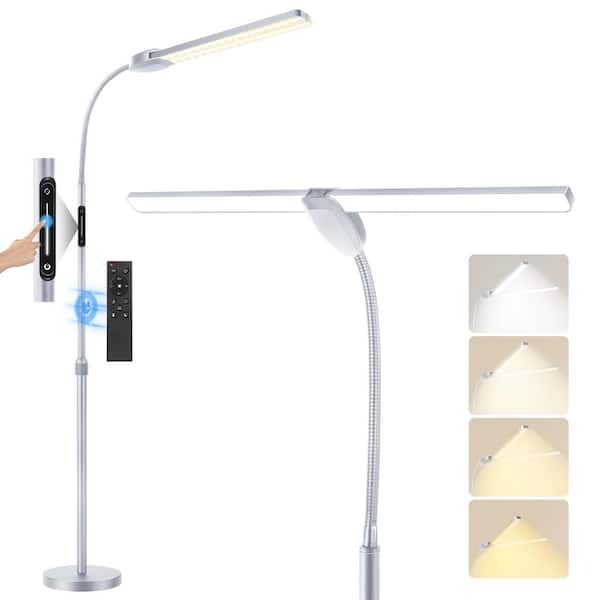 73.5 in. Silver Dual Head Standard LED Floor Lamp with Remote Adjustable Height Color Temp for Living Room Bedroom