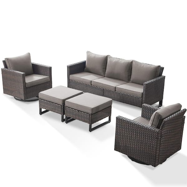 Carlos Gray 5-Piece All-Weather Brown Wicker Outdoor Sectional Set with 3-Seat Sofa and Ottomans