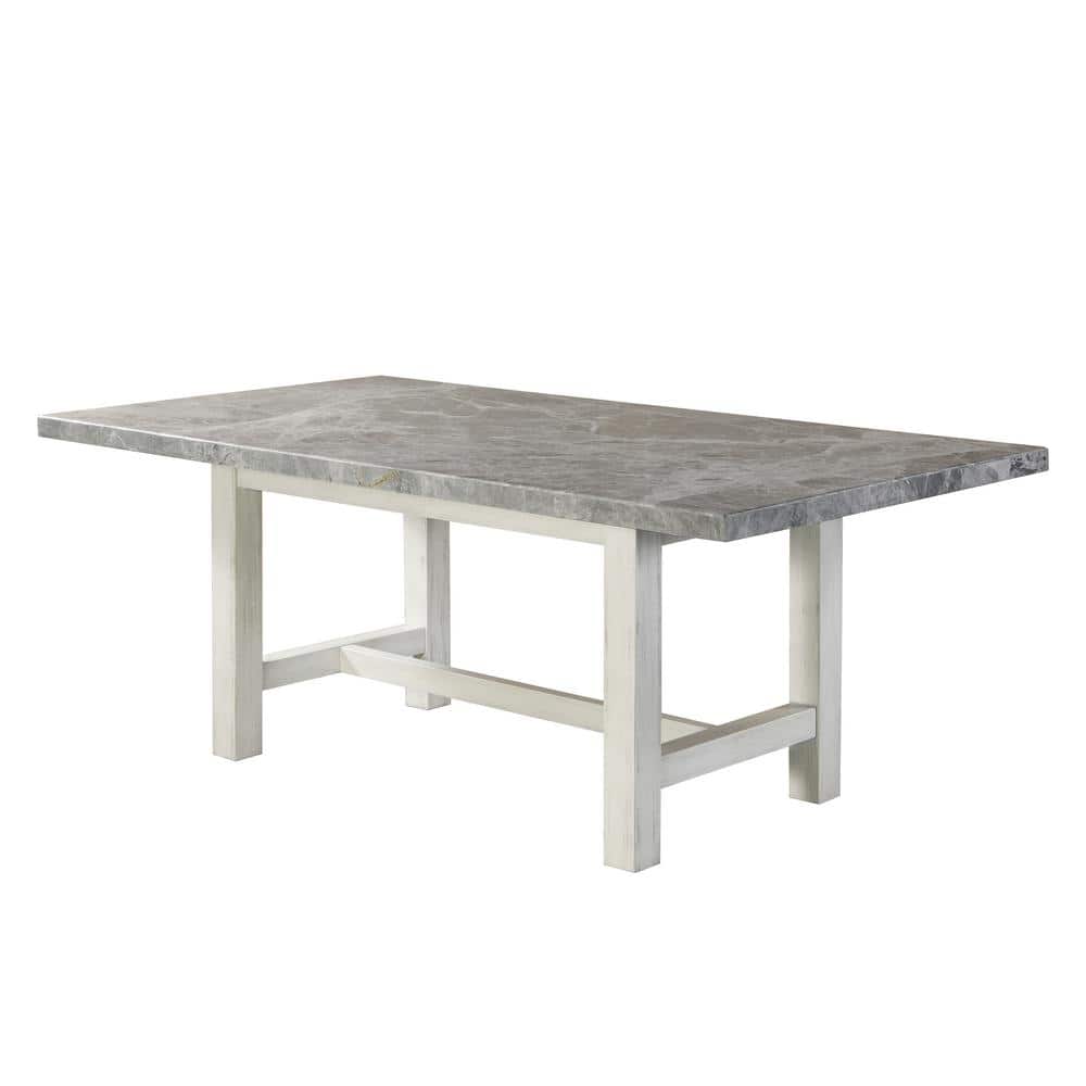 Gray Marble Top Rectangular Dining Table with White Wood Base