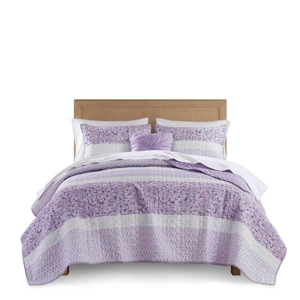 90 x 96 in. 4-Piece Full/Queen Seersucker Bedding Set, Quilt Set with Throw Pillow & 2 Shams, Floral Print