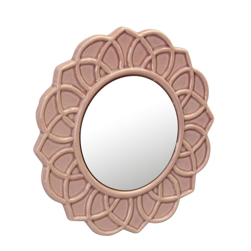 Pink Floral Ceramic Round Wall Mirror