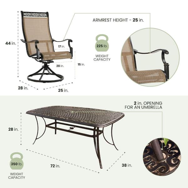 Manor 7-Piece Aluminum Rectangular Outdoor Dining Set with Cast-Top Dining Table and 6 PCV Sling Swivel Chairs