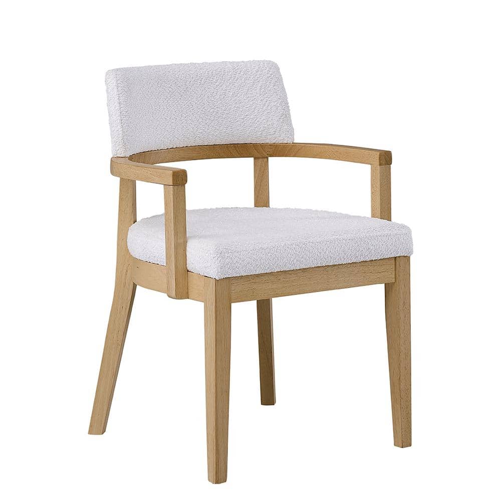 White Upholstered Oak Wood Side Chair with Curved Armrest