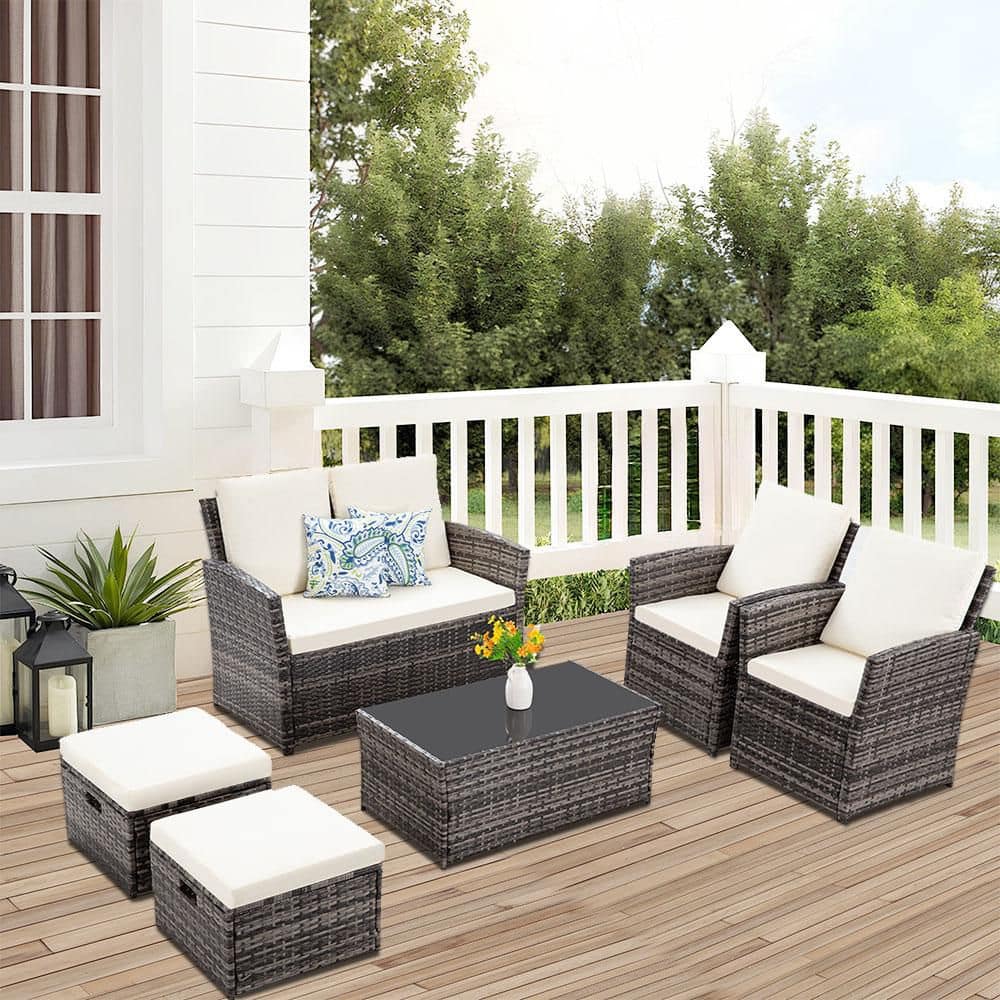 6-Piece Grey Rattan Wicker Patio Outdoor Sectional Set Furniture