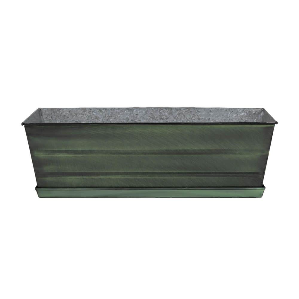 Medium Green Galvanized Steel Rectangular Flower Box Planter with Tray