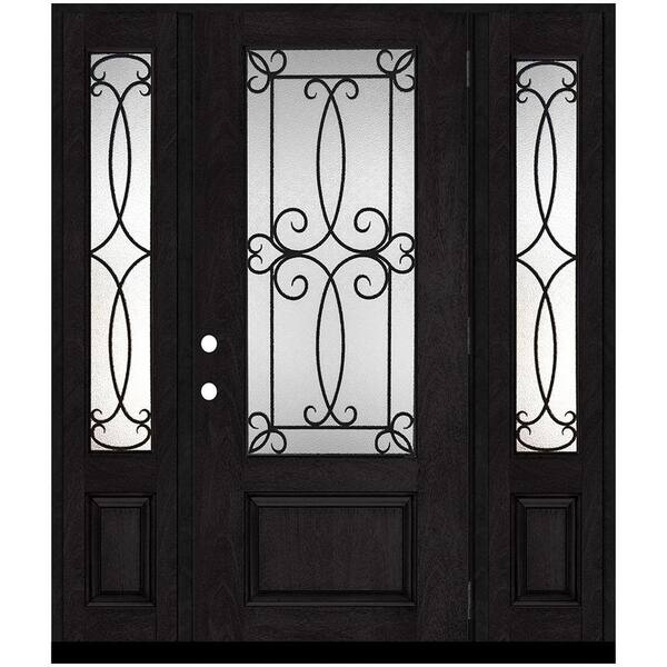 Steves & Sons Regency 64 in. x 80 in. 3/4Lite Georgian Decorative Glass RHOS Onyx Mahogany Fiberglass Prehung Front Door w/Dbl12in.SL