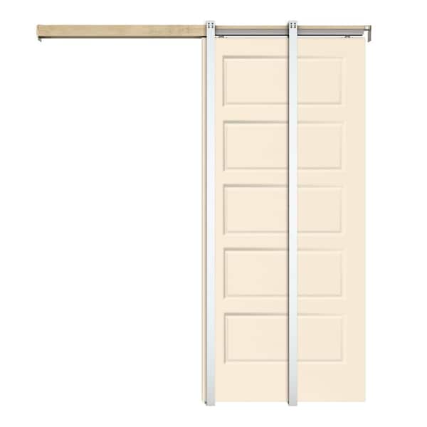 CALHOME Beige 30 in. x 80 in.  Painted Composite MDF 5PANEL Interior Sliding Door with Pocket Door Frame and Hardware Kit