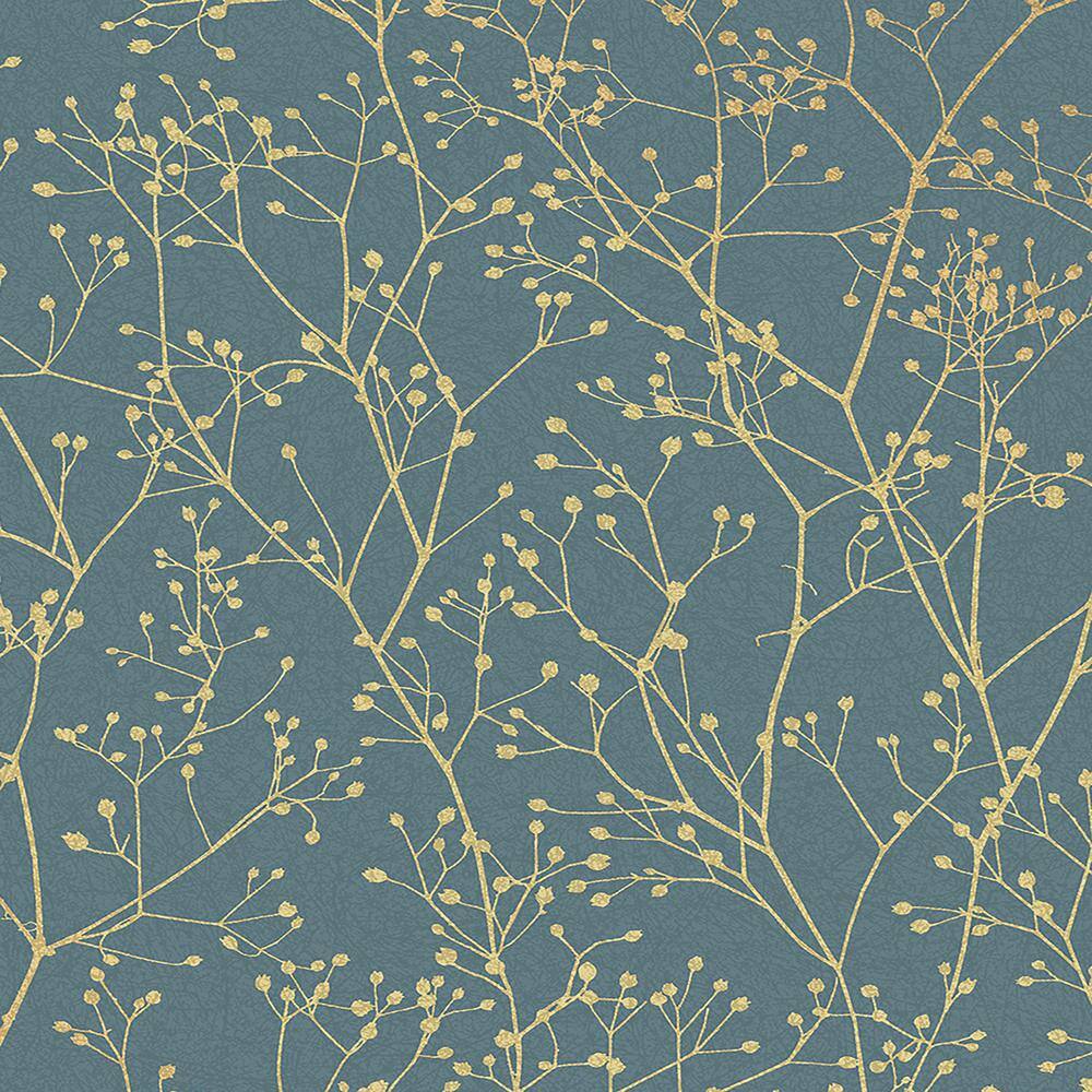 Clarissa Hulse Airforce Blue and Soft Gold Botanical Wallpaper Sample