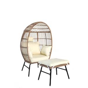 Brown Wicker Outdoor Lounge Chair Egg Chair with Footstool and Beige Cushions