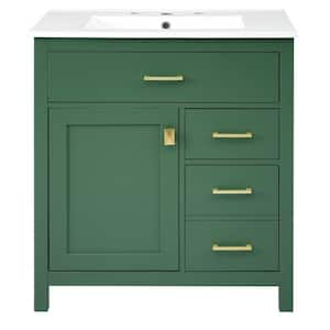 30 in. W Single Sink Freestanding Bath Vanity in Green with White Ceramic Top, 1 Doors and 2 Drawers