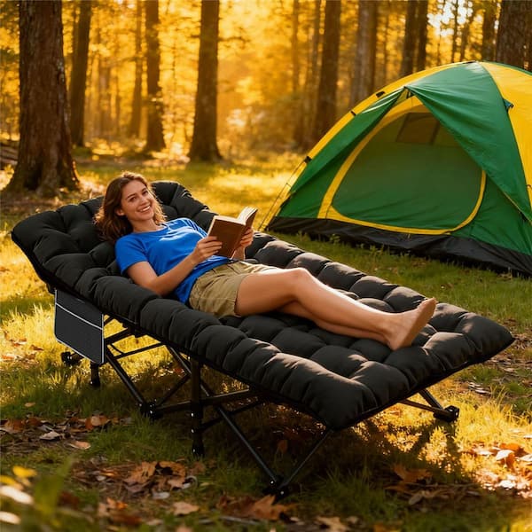 Outdoor Folding Cots for Camp with Carry Bag Portable Sleeping Camping Cot, Black Bed Plus Black Pad